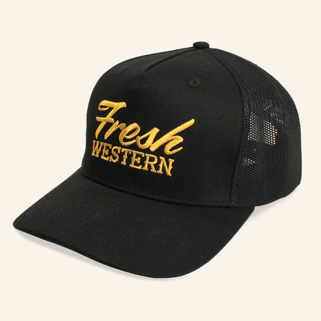 Fresh Western Hat Black And Gold Embroidered Trucker Hat Gifts For Dad