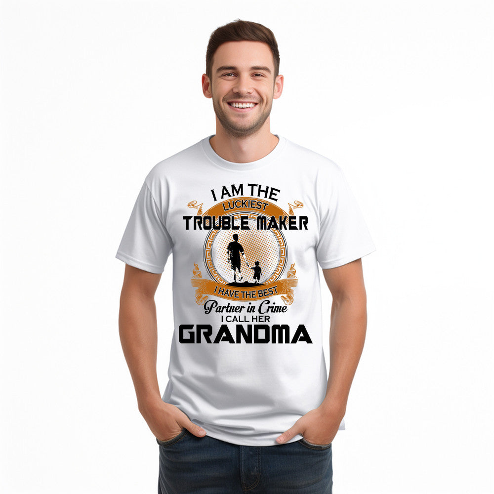 I Am The Luckiest Trouble Maker Partner In Crime I Call Her Grandma Shirt Gift For Grandson
