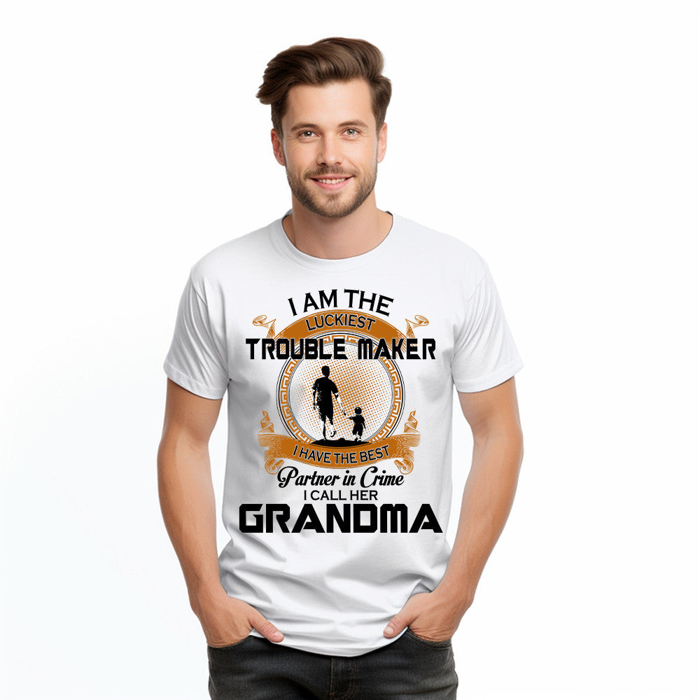 I Am The Luckiest Trouble Maker Partner In Crime I Call Her Grandma Shirt Gift For Grandson