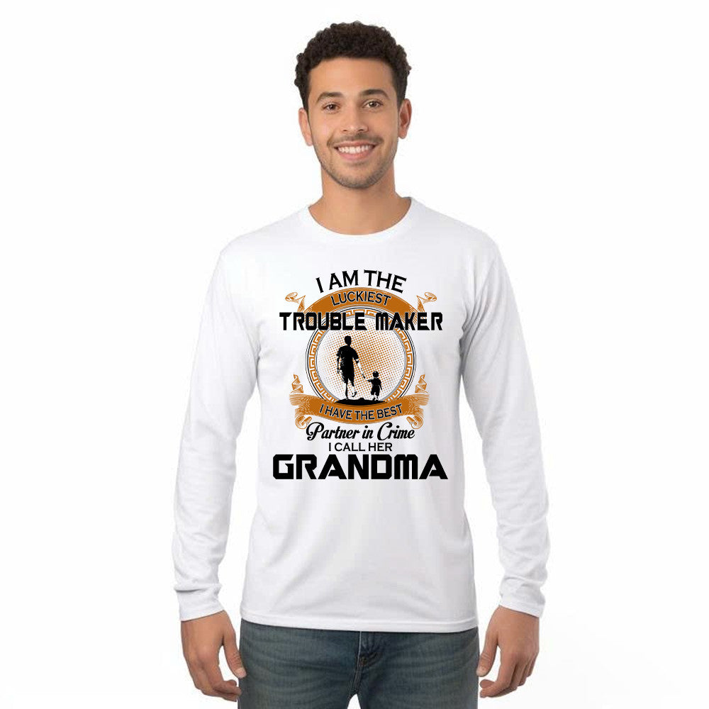 I Am The Luckiest Trouble Maker Partner In Crime I Call Her Grandma Long Sleeve Shirt Gift For Grandson