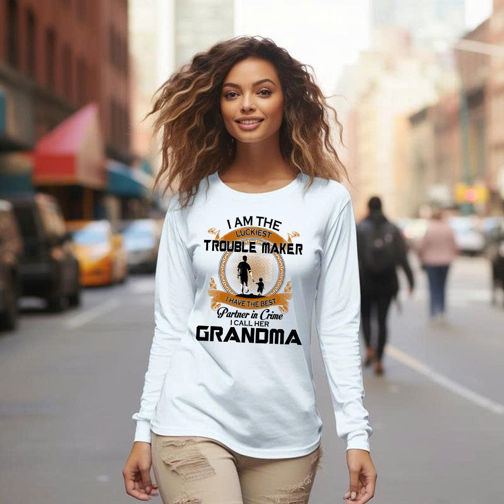 I Am The Luckiest Trouble Maker Partner In Crime I Call Her Grandma Long Sleeve Shirt Gift For Grandson