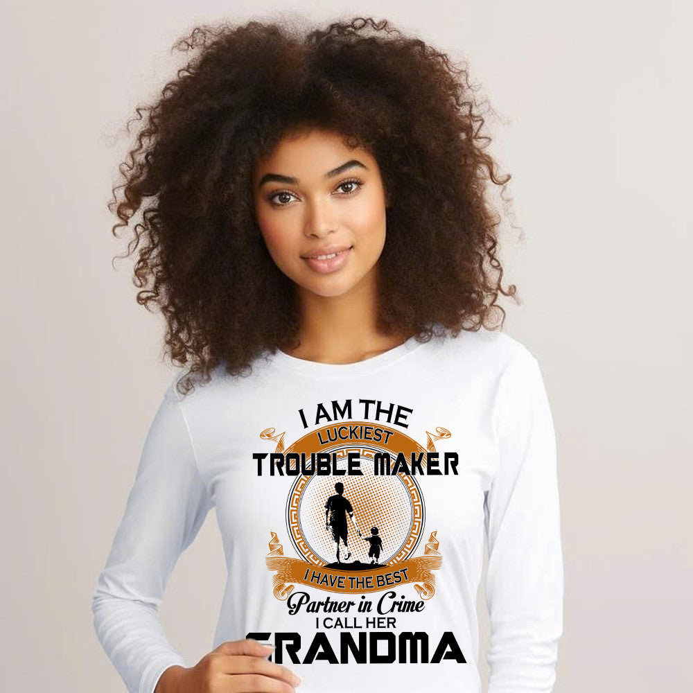 I Am The Luckiest Trouble Maker Partner In Crime I Call Her Grandma Long Sleeve Shirt Gift For Grandson