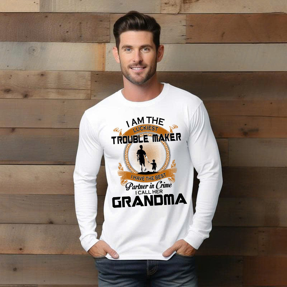 I Am The Luckiest Trouble Maker Partner In Crime I Call Her Grandma Long Sleeve Shirt Gift For Grandson