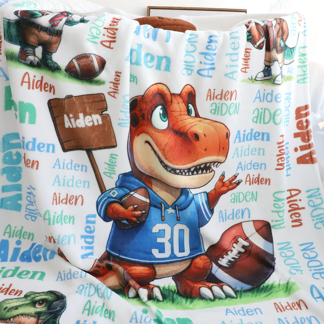 Personalized Cute Dinosaur Themed Name Blanket - Gift for Kids