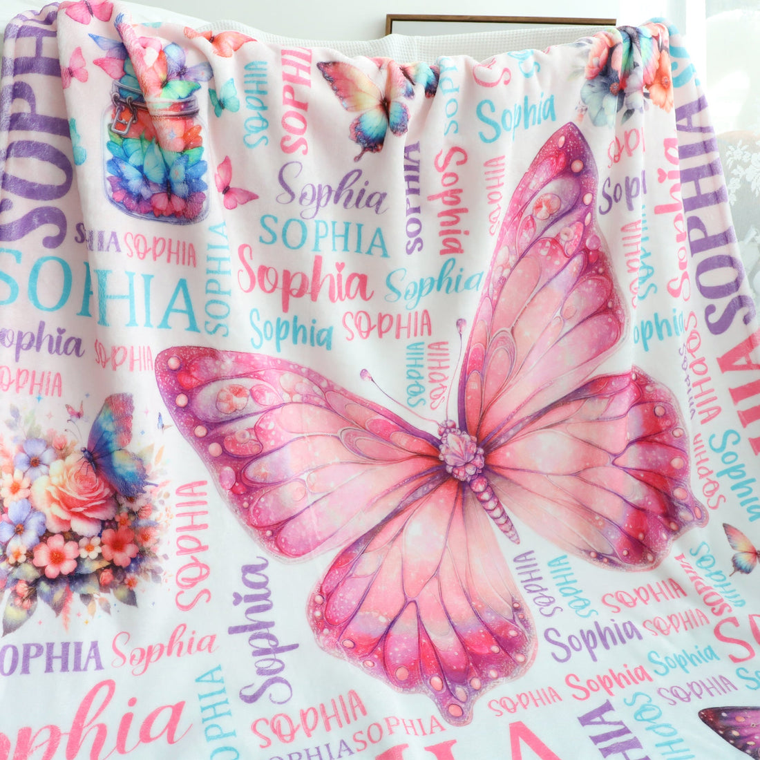 Personalized Colorful Butterfly Themed Name Blanket - Gift for Kids