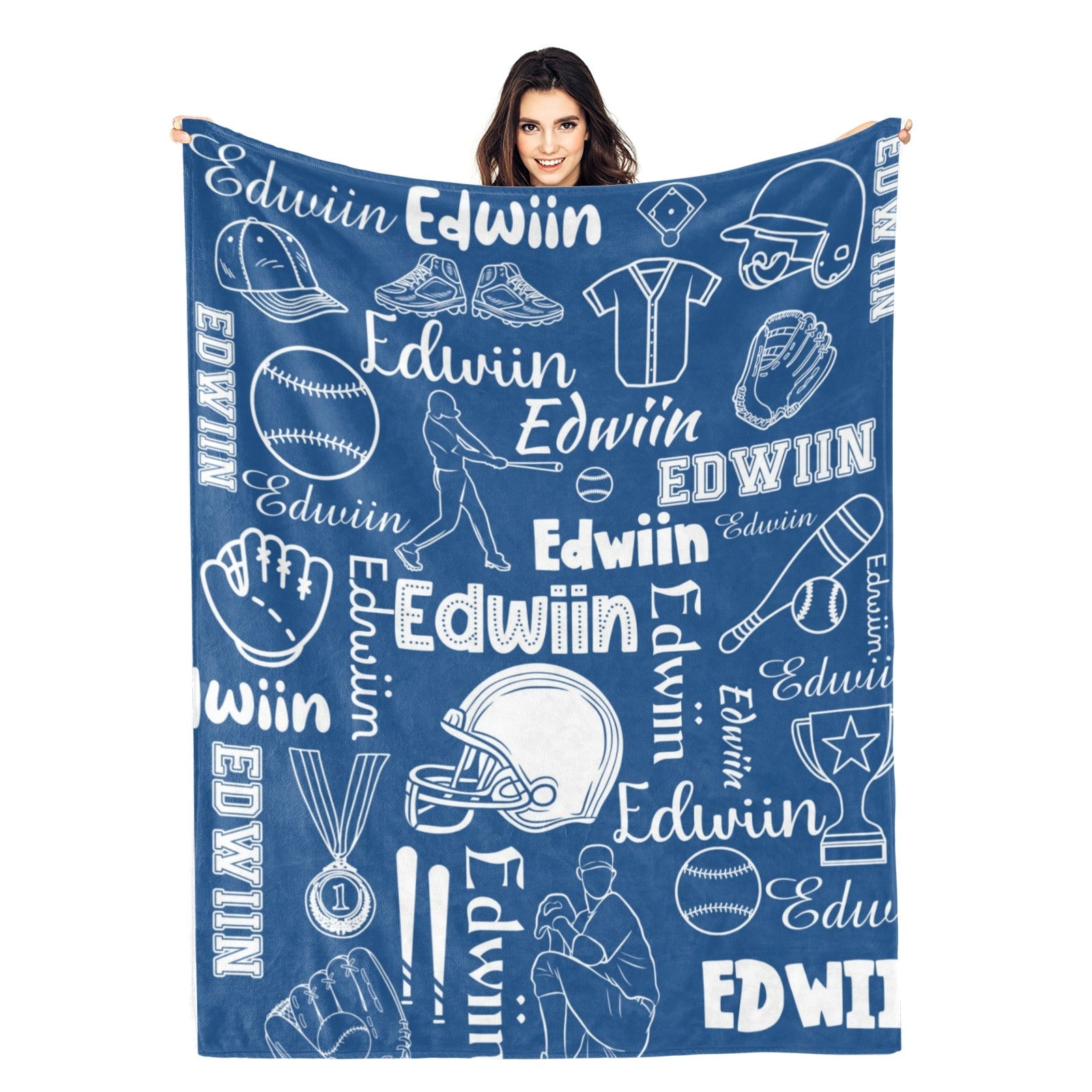 Personalized Baseball Line Silhouette Themed Name Blanket - Gift for Kids