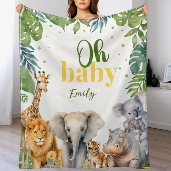 Personalized Jungle Wildlife Baby Shower Blanket - Gift for Baby