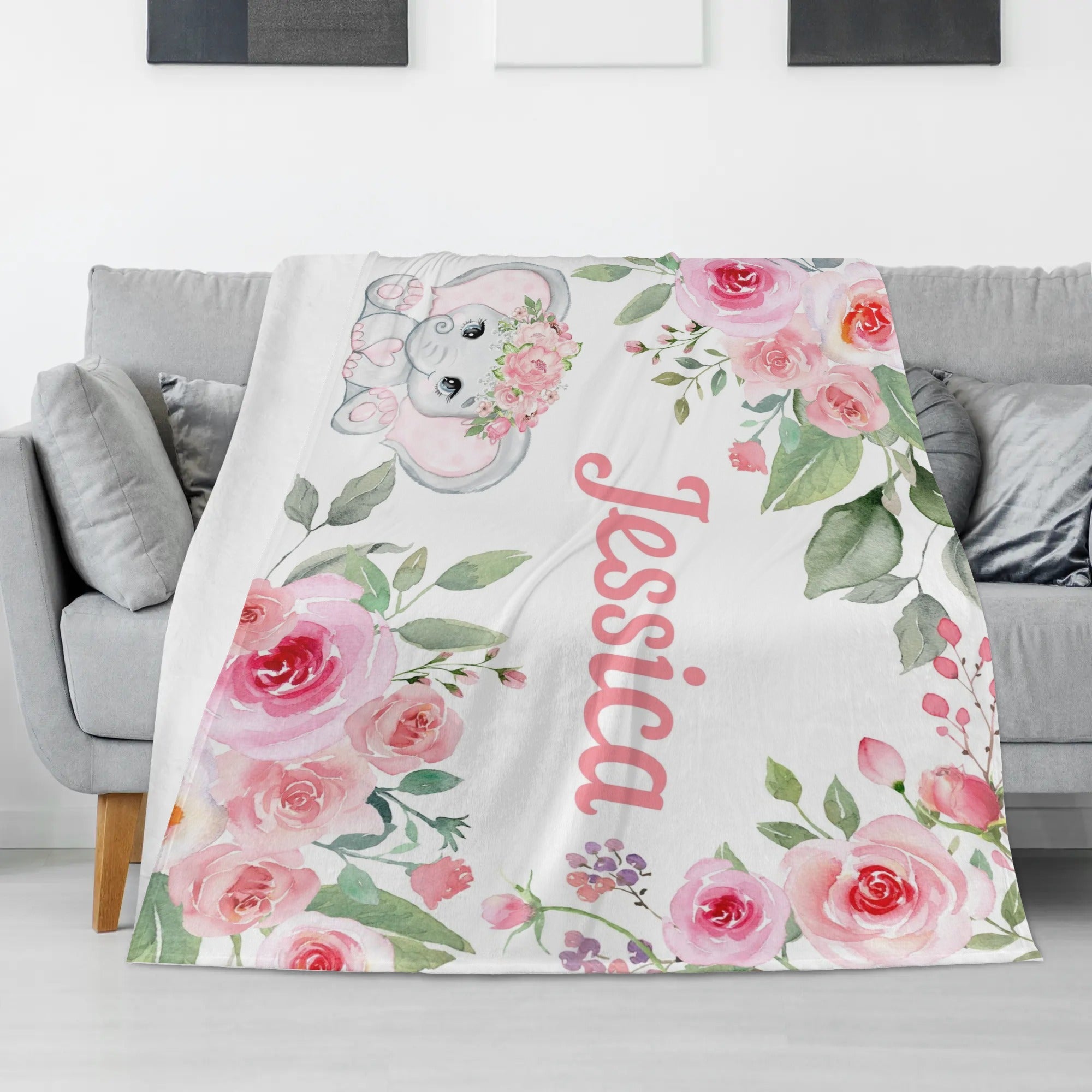 Personalized Pink Floral Elephant Milestone Blanket - Gift for Baby_6153