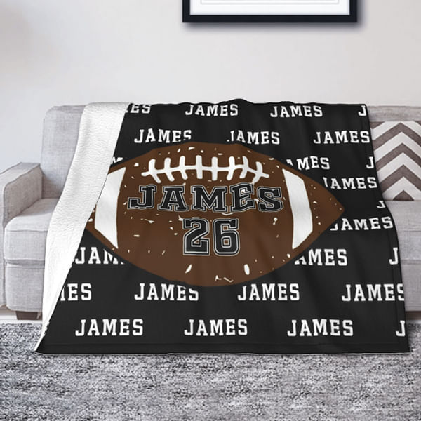 Personalized Sports Blanket with Name & Number – Basketball, Football, Baseball, Soccer Theme Throw – Custom Gift for Athletes, Kids, Team Fans & Birthdays