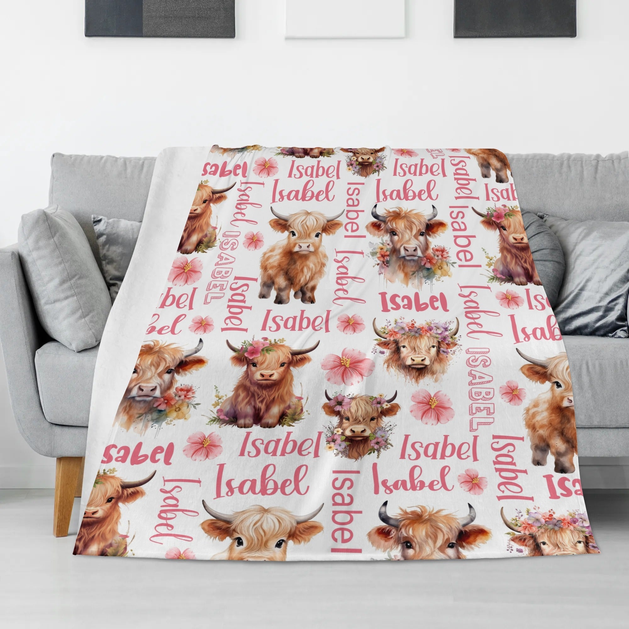 Personalized Cute Farm Highland Cow Name Blankets - Gift for Kid