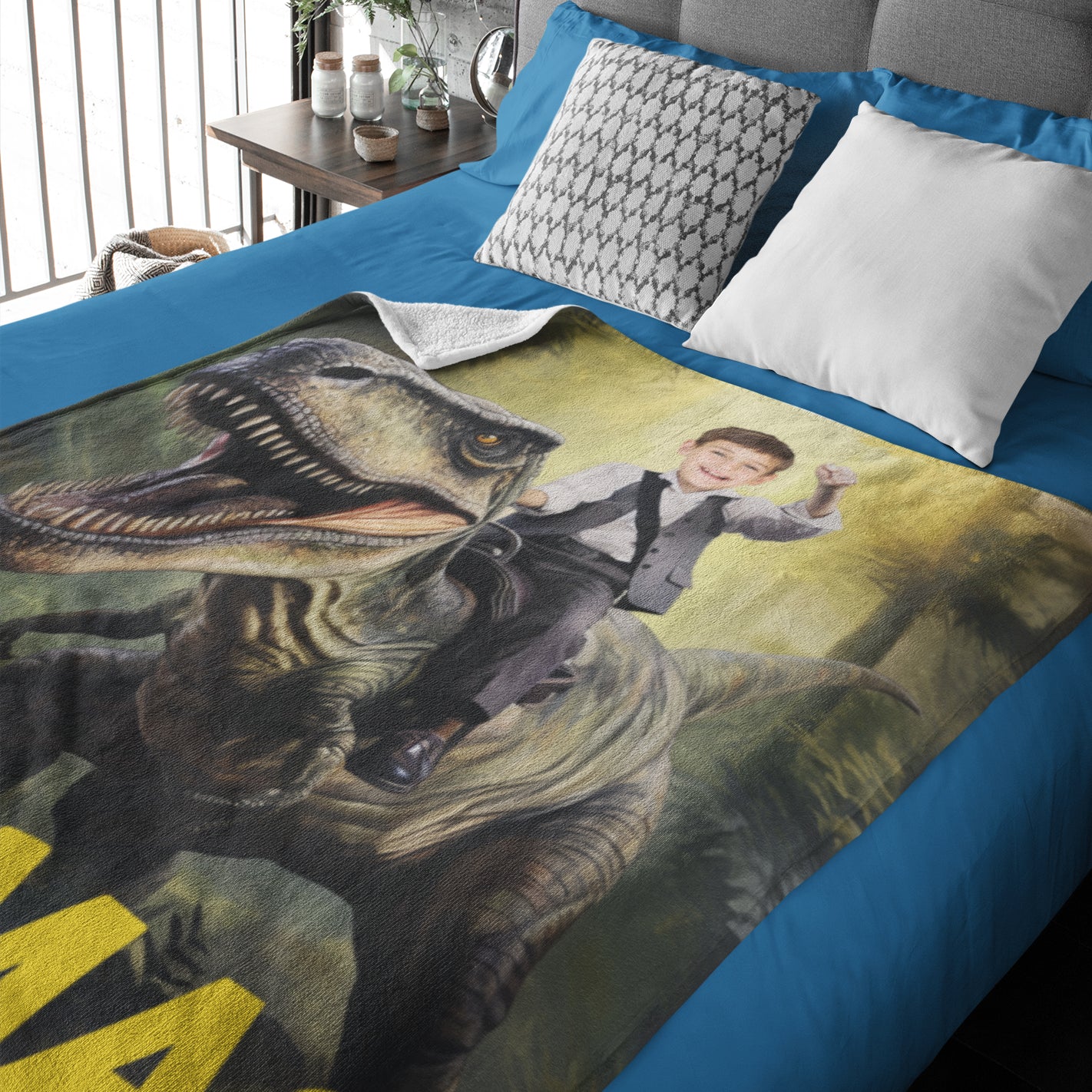 Personalized Custom Photo And Name Dinosaur Blanket - Gift for Kids