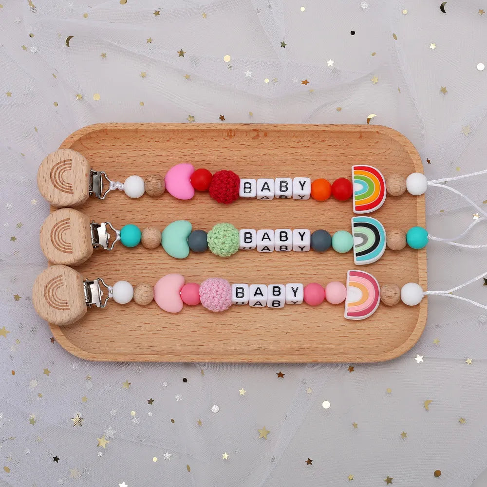 Rainbow Personalized Pacifier Clip – BPA-Free Wood & Silicone Teething Chain - Babyclipstore JE5532