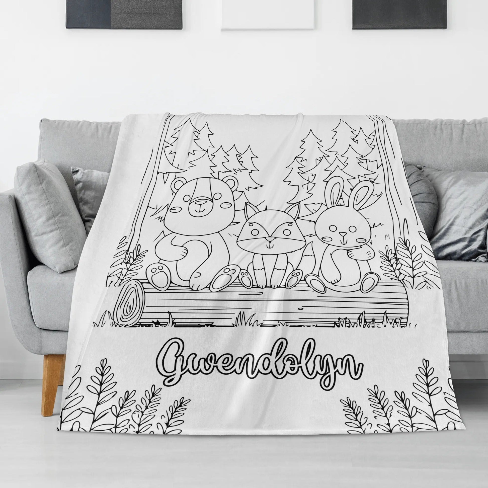 Personalized Paintbrush Doodle Forest Animal Coloring Blanket??- Gift for Kids