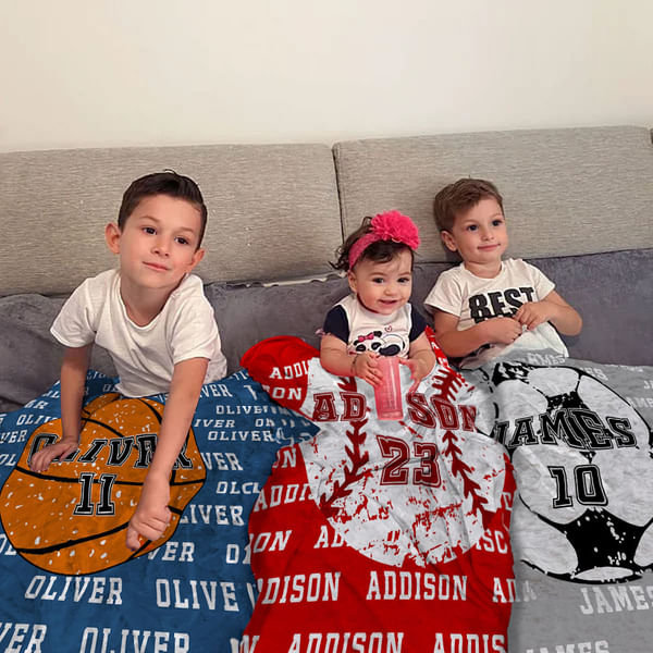 Personalized Sports Blanket with Name & Number – Basketball, Football, Baseball, Soccer Theme Throw – Custom Gift for Athletes, Kids, Team Fans & Birthdays