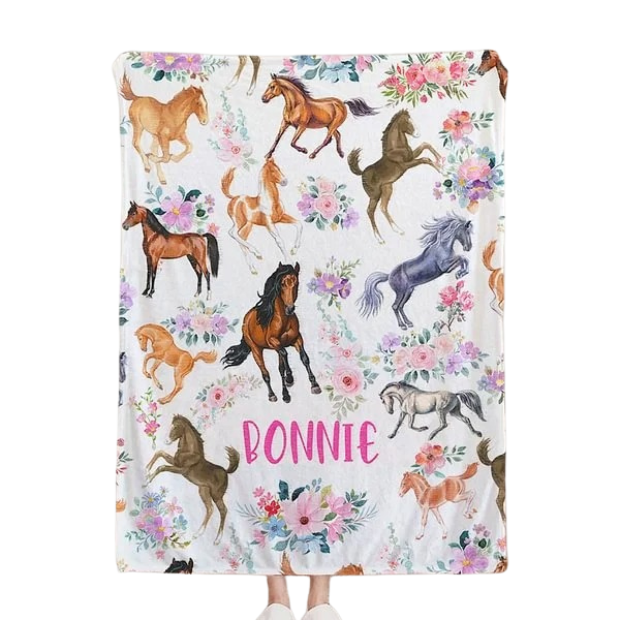 Personalized Horse Blanket with Name – Soft Floral Throw for Girls, Kids & Babies – Custom Gift for Horse Lovers, Baby Shower, Birthday, Children’s Day