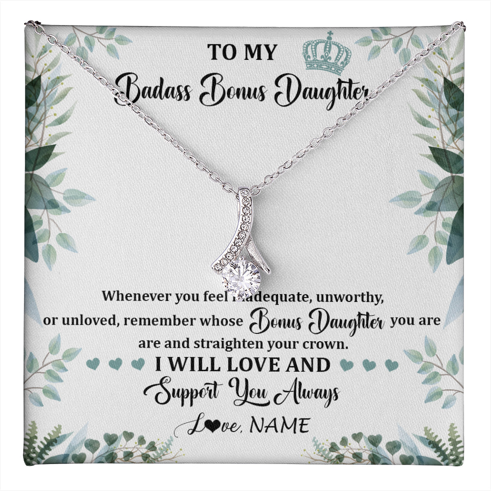 Personalized To My Badass Bonus Daughter Necklace From Stepdad Mom Straighten Your Crown Stepddaughter Birthday Christmas Customized Gift Box Message Card