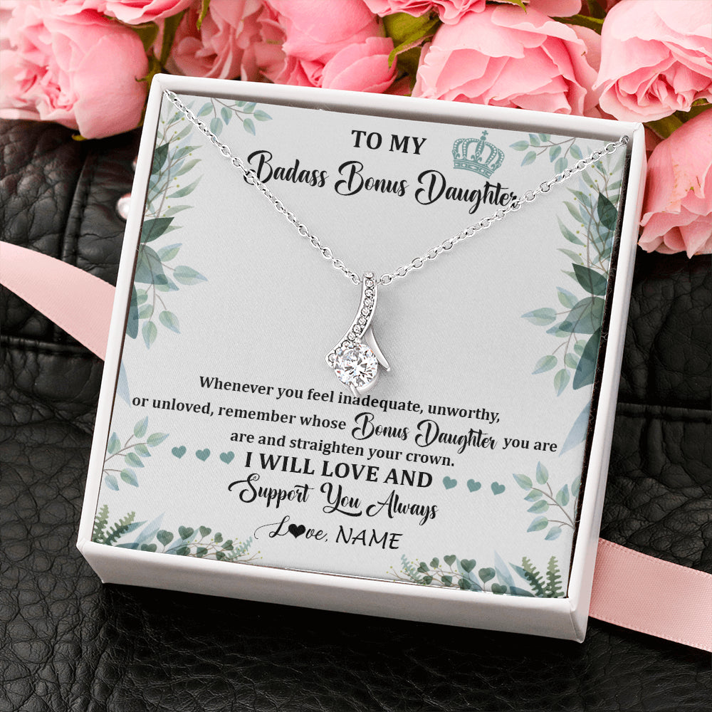 Personalized To My Badass Bonus Daughter Necklace From Stepdad Mom Straighten Your Crown Stepddaughter Birthday Christmas Customized Gift Box Message Card