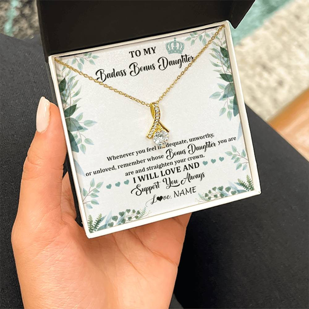 Personalized To My Badass Bonus Daughter Necklace From Stepdad Mom Straighten Your Crown Stepddaughter Birthday Christmas Customized Gift Box Message Card