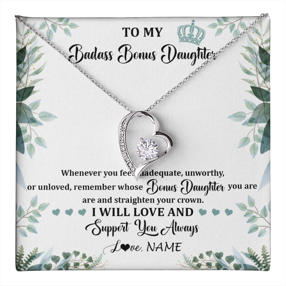 Personalized To My Badass Bonus Daughter Necklace From Stepdad Mom Straighten Your Crown Stepddaughter Birthday Christmas Customized Gift Box Message Card