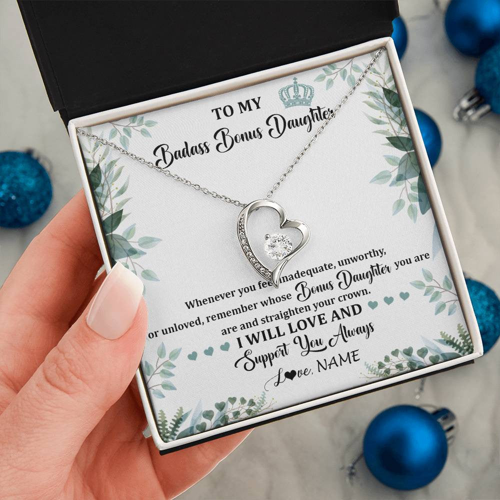 Personalized To My Badass Bonus Daughter Necklace From Stepdad Mom Straighten Your Crown Stepddaughter Birthday Christmas Customized Gift Box Message Card