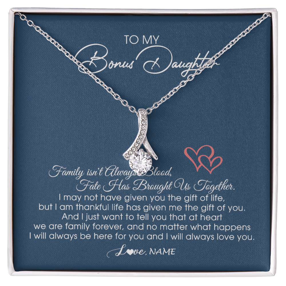 Personalized To My Bonus Daughter Necklace From Mom Dad We Are Family Forever Jewelry Step Daughter Pendant Birthday Christmas Customized Gift Box Message Card