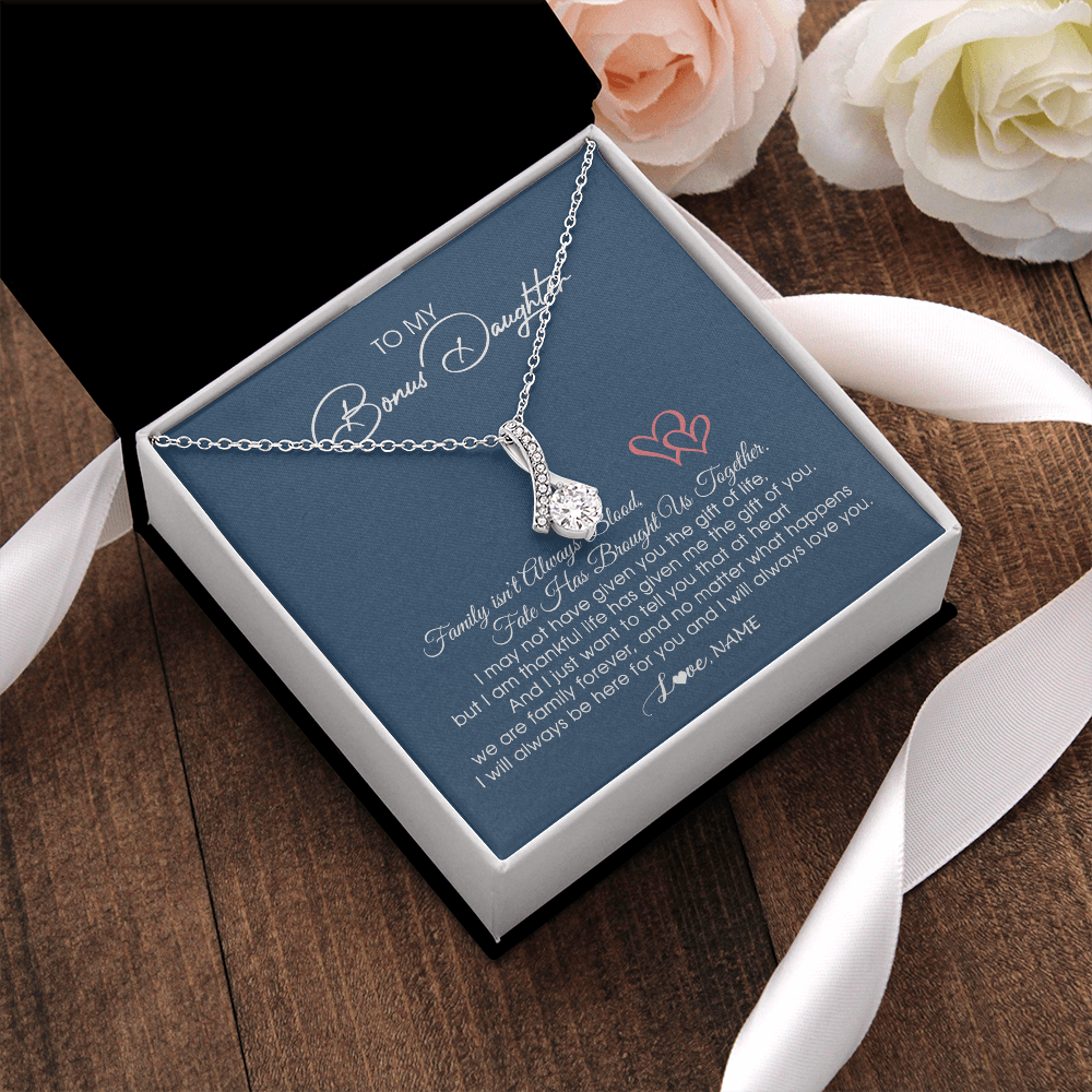 Personalized To My Bonus Daughter Necklace From Mom Dad We Are Family Forever Jewelry Step Daughter Pendant Birthday Christmas Customized Gift Box Message Card