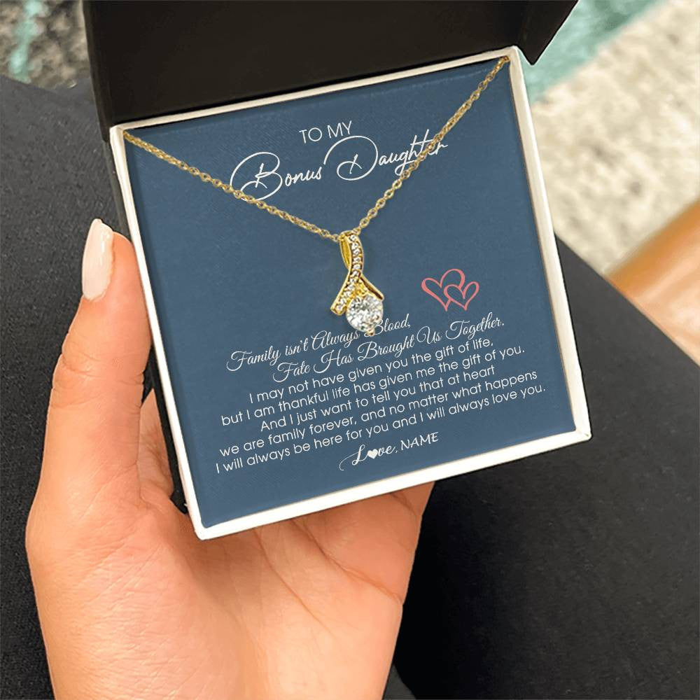 Personalized To My Bonus Daughter Necklace From Mom Dad We Are Family Forever Jewelry Step Daughter Pendant Birthday Christmas Customized Gift Box Message Card