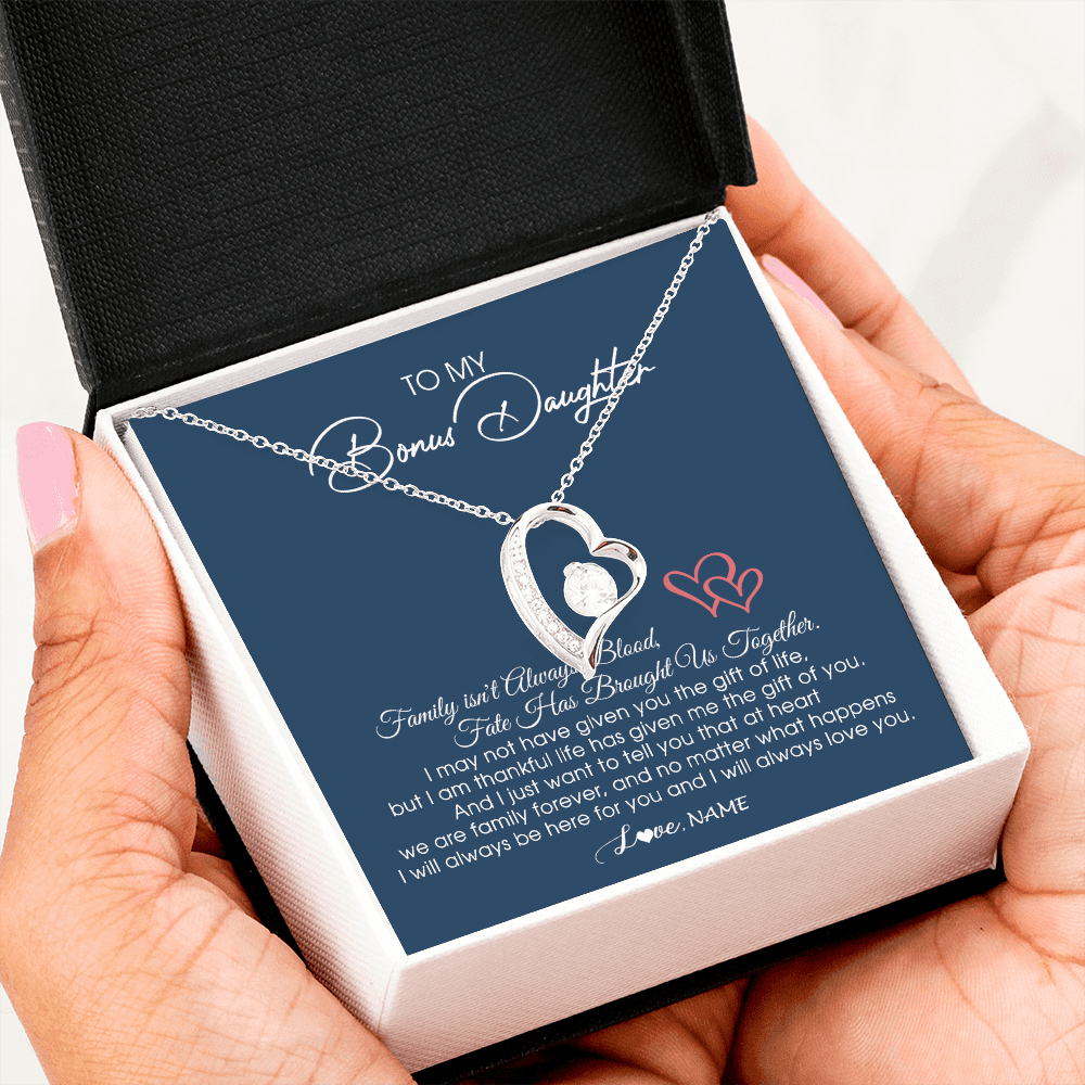 Personalized To My Bonus Daughter Necklace From Mom Dad We Are Family Forever Jewelry Step Daughter Pendant Birthday Christmas Customized Gift Box Message Card