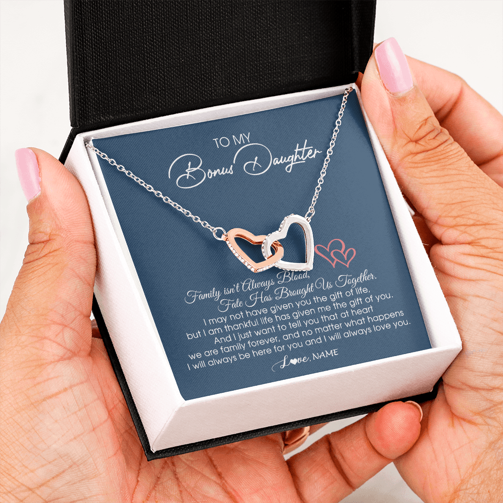 Personalized To My Bonus Daughter Necklace From Mom Dad We Are Family Forever Jewelry Step Daughter Pendant Birthday Christmas Customized Gift Box Message Card