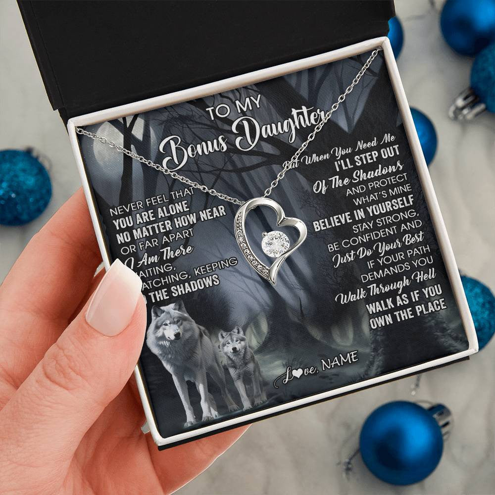 Personalized To My Bonus Daughter Necklace From Step Dad Mom Never Feel That You Are Alone Wolf Birthday Jewelry Christmas Customized Gift Box Message Card