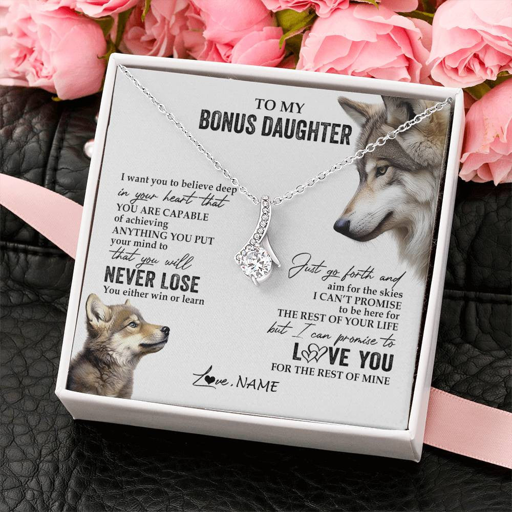 Personalized To My Bonus Daughter Necklace From Step Mom You Will Never Lose Wolf Stepdaughter Birthday Graduation Christmas Customized Gift Box Message Card