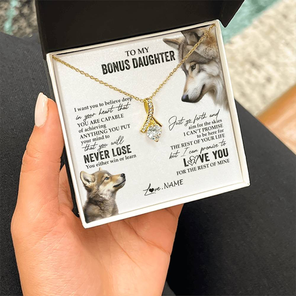 Personalized To My Bonus Daughter Necklace From Step Mom You Will Never Lose Wolf Stepdaughter Birthday Graduation Christmas Customized Gift Box Message Card