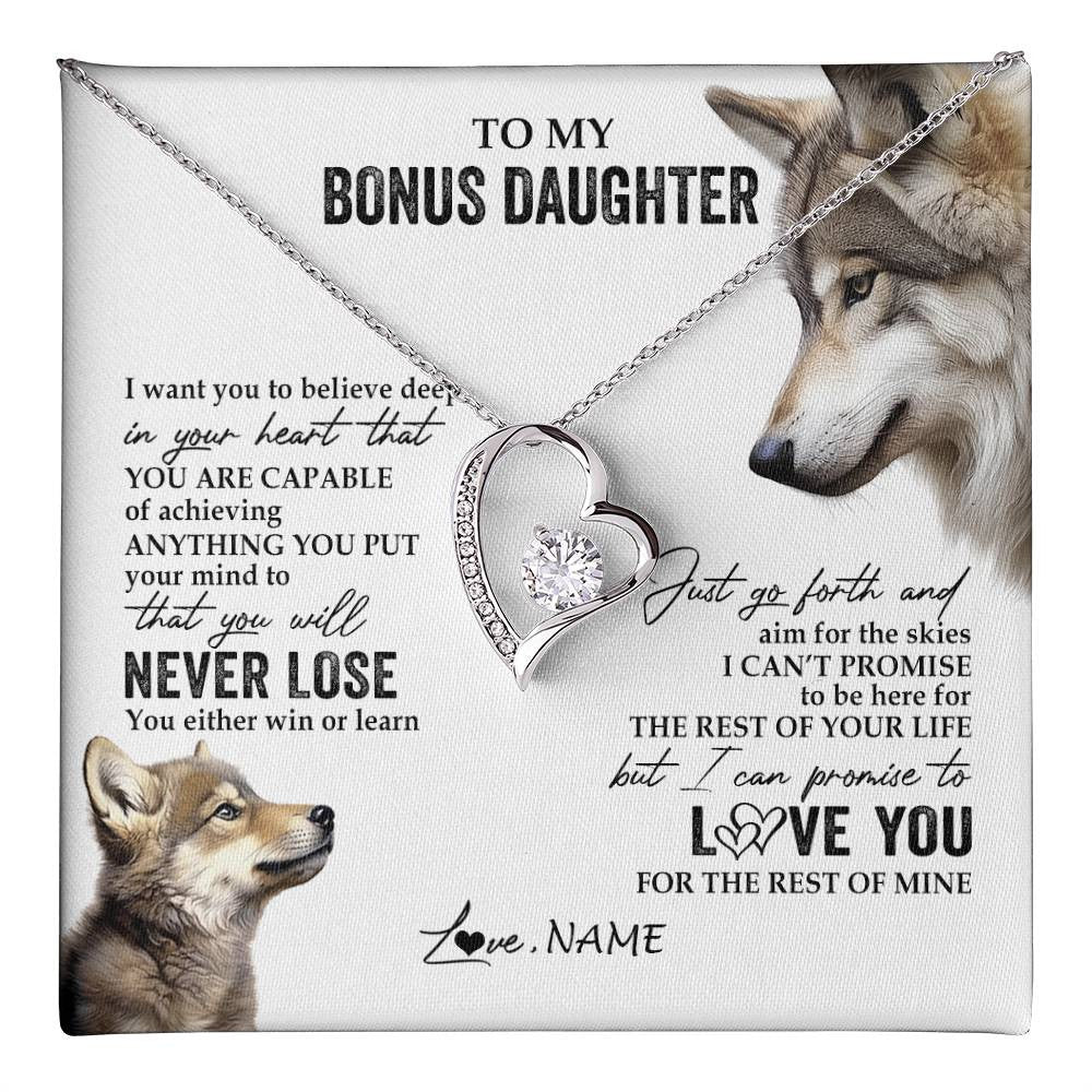 Personalized To My Bonus Daughter Necklace From Step Mom You Will Never Lose Wolf Stepdaughter Birthday Graduation Christmas Customized Gift Box Message Card