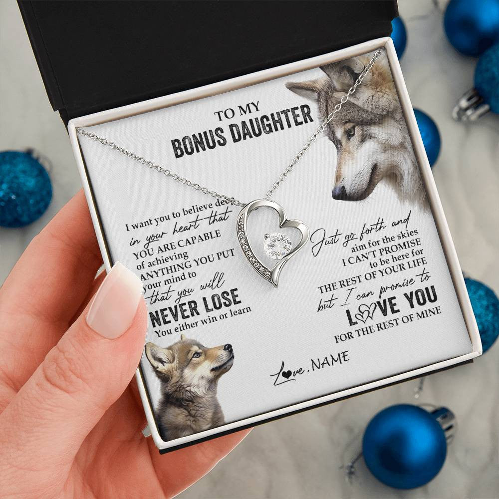 Personalized To My Bonus Daughter Necklace From Step Mom You Will Never Lose Wolf Stepdaughter Birthday Graduation Christmas Customized Gift Box Message Card