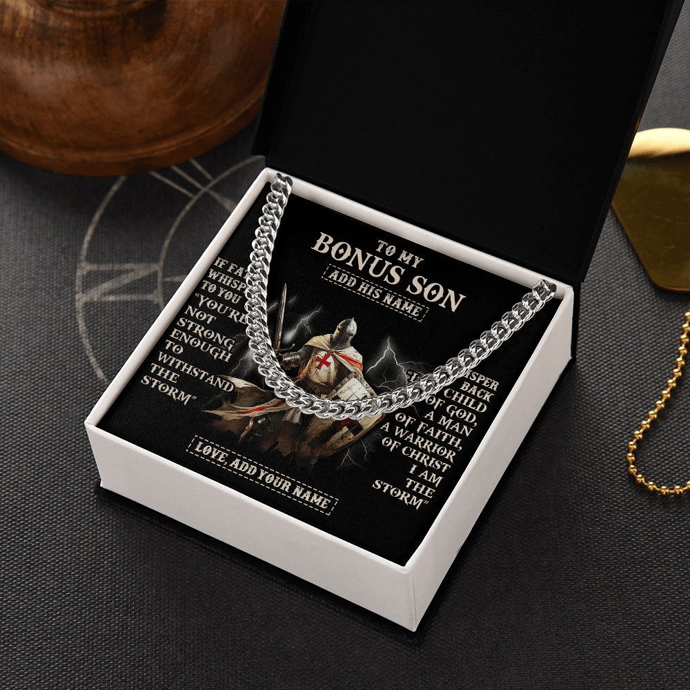 Personalized To My Bonus Son Necklace From Stepdad For Men Warrior Knight Templar I Am The Storm Birthday Gifts For Stepson Christmas Gift Box Message Card