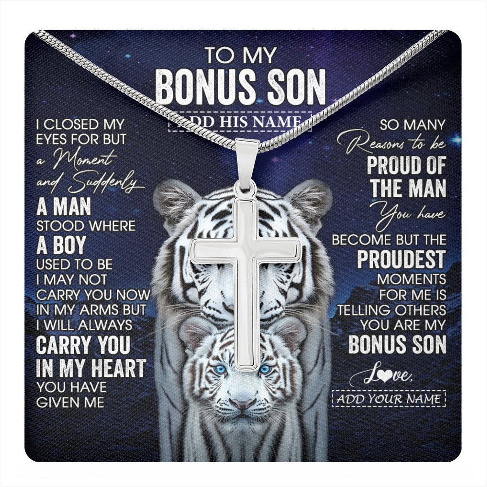 Personalized To My Bonus Son Necklace From Stepmother Stepdad I Close My Eyes White Tiger Stepson Birthday Gift Christmas Jewelry Gift Box Message Card