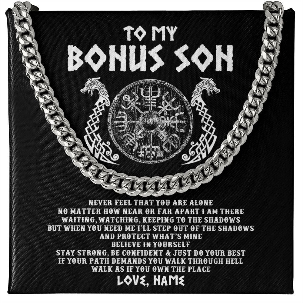 Personalized To My Bonus Son Necklace Viking Never Feel You Are Alone Odin Scandinavian Norse Runes Stepson Birthday Christmas Customized Gift Box Message Card