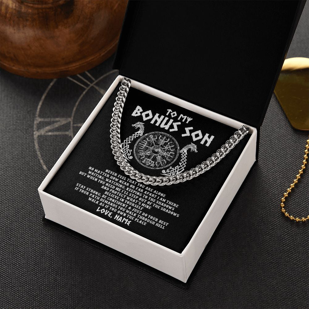 Personalized To My Bonus Son Necklace Viking Never Feel You Are Alone Odin Scandinavian Norse Runes Stepson Birthday Christmas Customized Gift Box Message Card