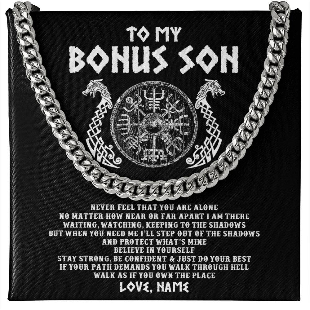 Personalized To My Bonus Son Necklace Viking Never Feel You Are Alone Odin Scandinavian Norse Runes Stepson Birthday Christmas Customized Gift Box Message Card