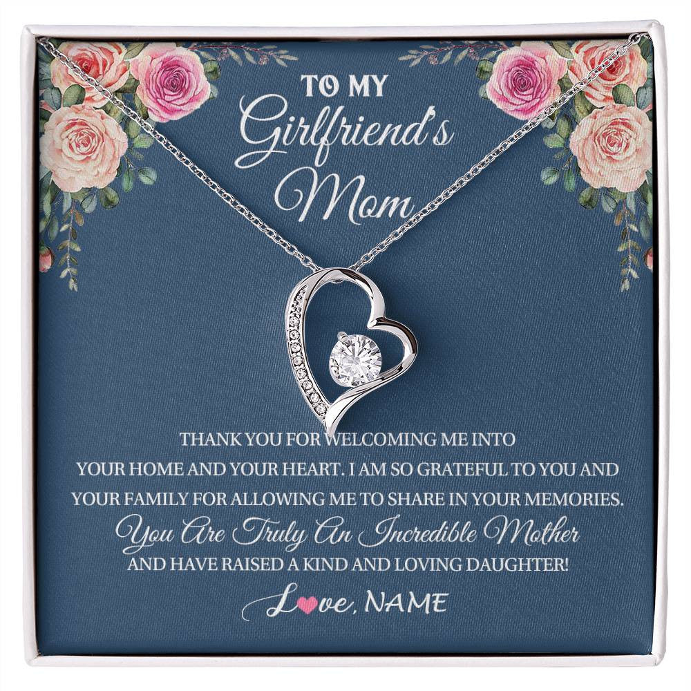 Personalized To My Girlfriend's Mom Necklace Thank You For Welcoming Me Stepmother Birthday Wedding Anniversary Christmas Customized Gift Box Message Card