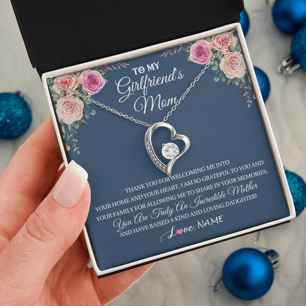 Personalized To My Girlfriend's Mom Necklace Thank You For Welcoming Me Stepmother Birthday Wedding Anniversary Christmas Customized Gift Box Message Card