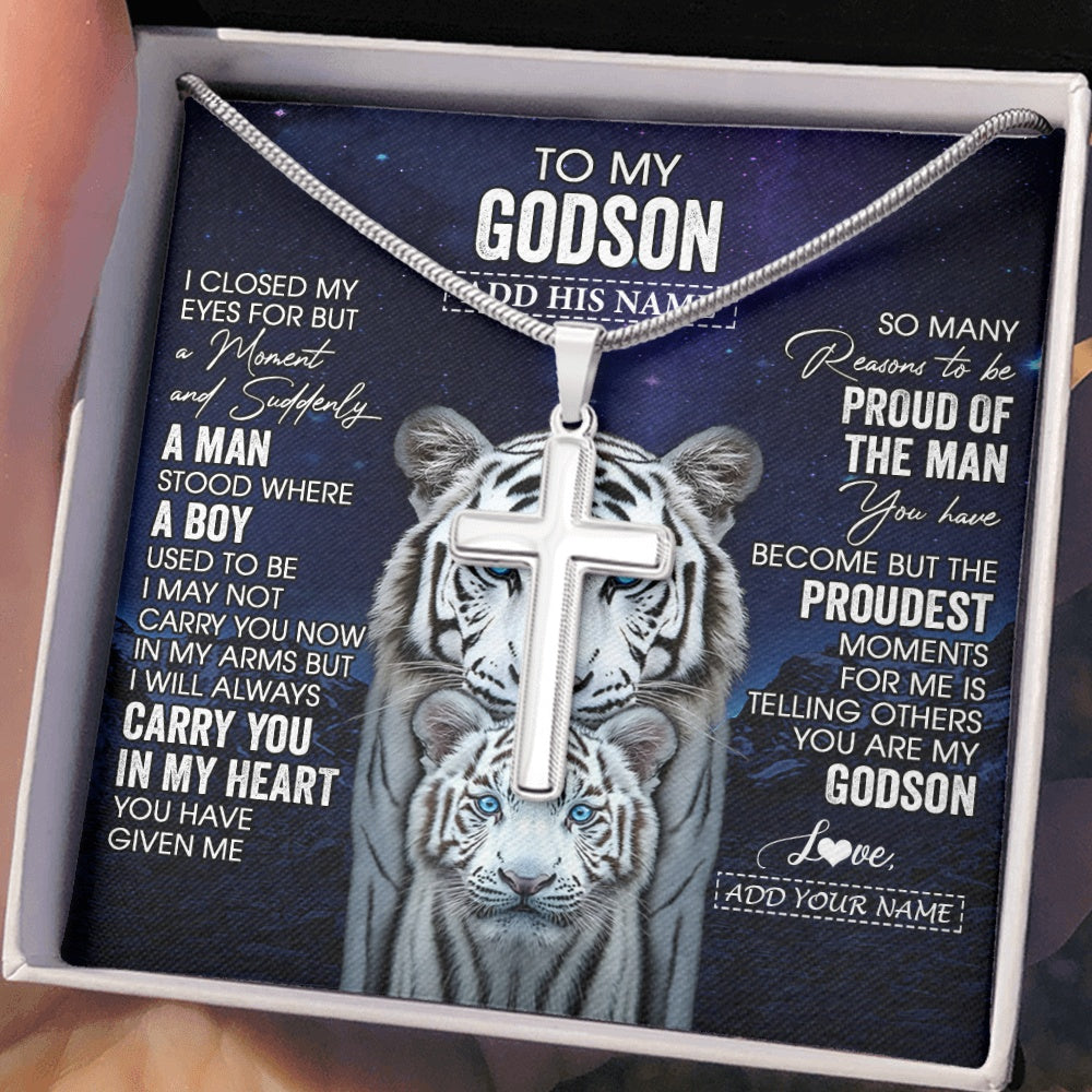 Personalized To My Godson Necklace From Godmother Uncle I Close My Eyes White Tiger Birthday Gift For Godson Graduation Christmas Custom Gift Box Message Card