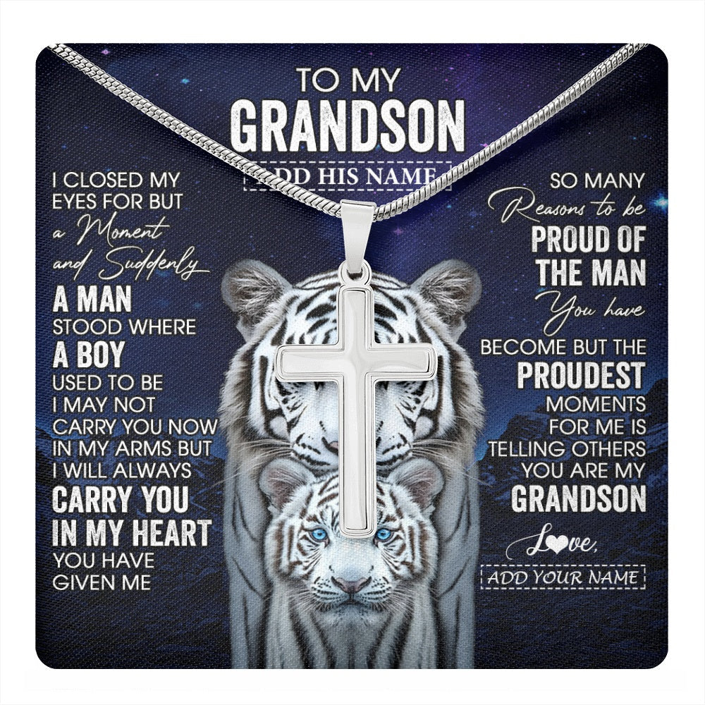 Personalized To My Grandson Necklace From Grandma Grandpa I Close My Eyes White Tiger Grandson Birthday Gift Graduation Christmas Jewelry Gift Box Message Card