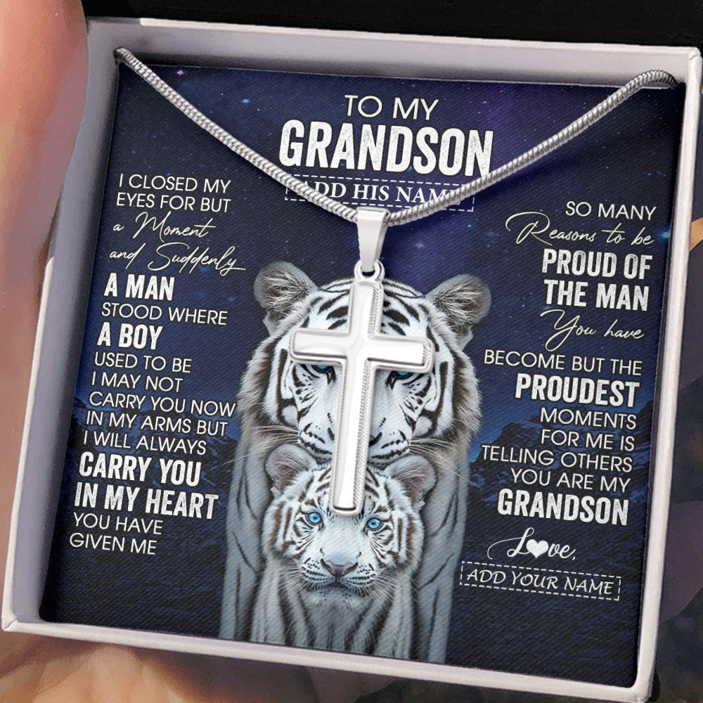 Personalized To My Grandson Necklace From Grandma Grandpa I Close My Eyes White Tiger Grandson Birthday Gift Graduation Christmas Jewelry Gift Box Message Card