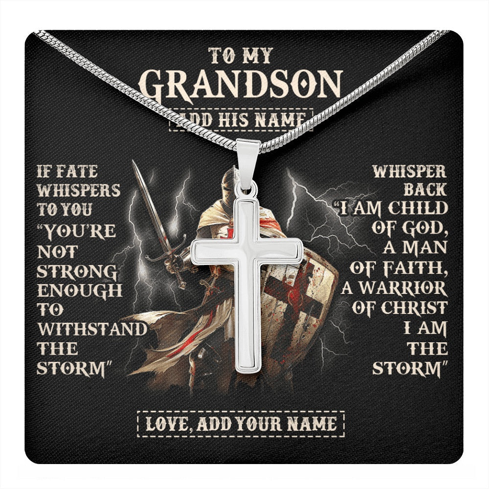 Personalized To My Grandson Necklace From Grandpa Grandma For Men Warrior Knight Templar I Am The Storm Birthday Christmas Grandson Gift Box Message Card