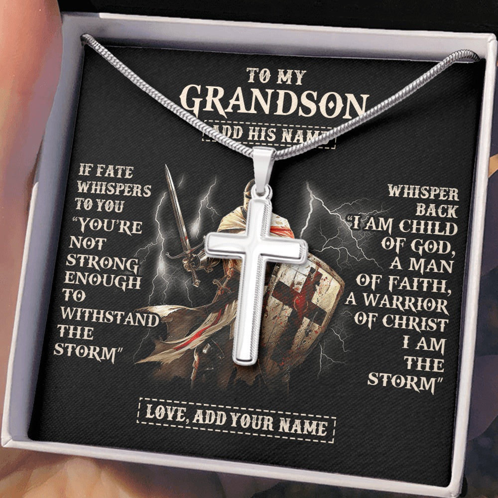 Personalized To My Grandson Necklace From Grandpa Grandma For Men Warrior Knight Templar I Am The Storm Birthday Christmas Grandson Gift Box Message Card