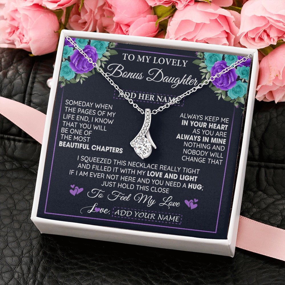 Personalized To My Lovely Bonus Daughter Necklace Gift From Stepdad Feel My Love Stepdaughter Birthday Mother's Day Christmas Gift Box Message Card