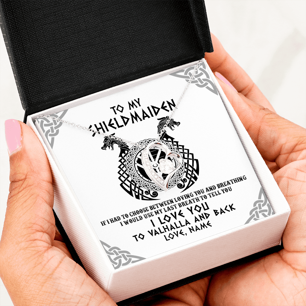 Personalized To My Shieldmaiden Necklace From Husband I Love You to Valhalla Viking Jewelry Women Birthday Wife Girlfriend Anniversary Customized Message Card