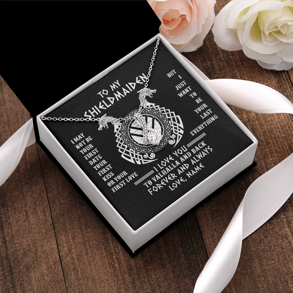 Personalized To My Shieldmaiden Necklace I Love You to Valhalla and Back Viking Jewelry For Women Birthday Wife Girlfriend Anniversary Customized Message Card