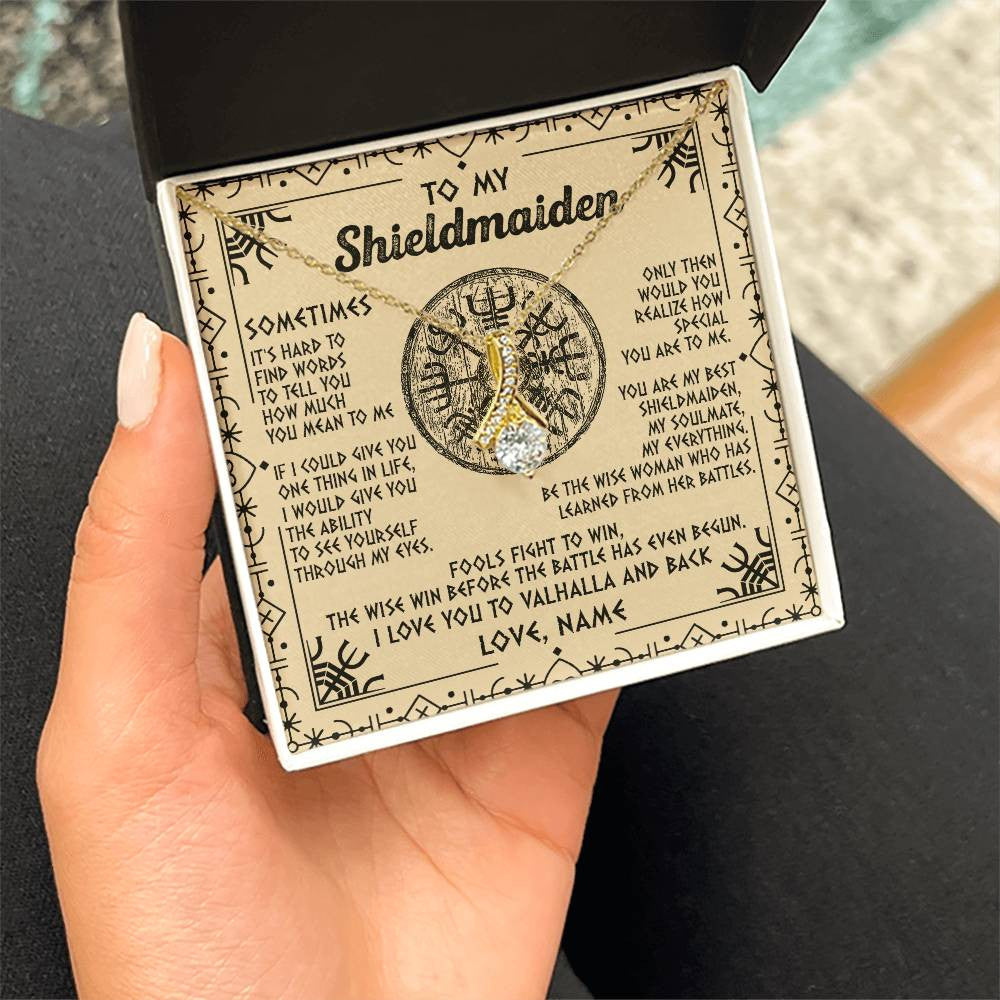 Personalized To My Shieldmaiden Necklace Viking Vintage I Love You to Valhalla Jewelry Fiancee Wife Girlfriend Birthday Anniversary Customized Message Card